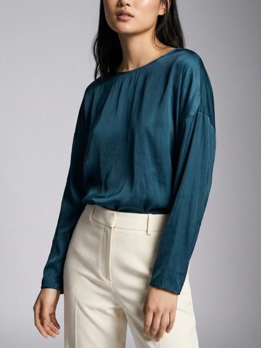 NWT Zara Basic Teal Satin Front Twisted Back Long Sleeve Blouse